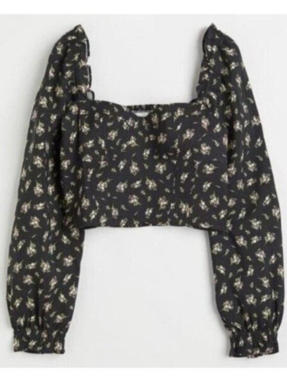 H&M Black Floral Coquette Top Puff Sleeve Linen Boho Feminine